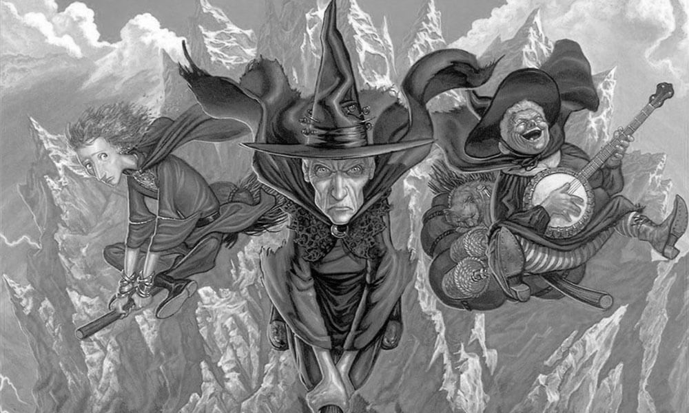 Art depicting 3 witches from Terry Pratchett's Discworld